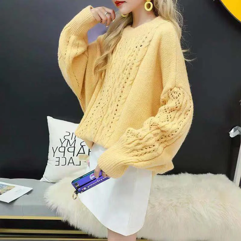 

2019 Hollow Out Korean Style Loose Lazy Wind Twist Sweater Small Fresh Avocado green New C97705D