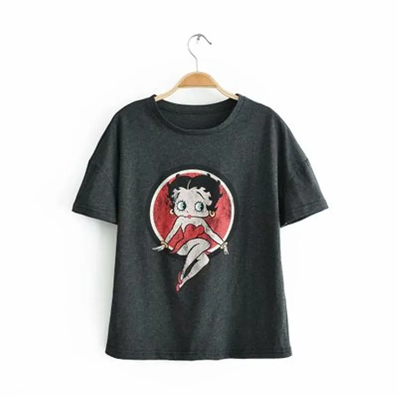 Свободный хлопок Za Betty Boop мультфильм женская футболка с круглым вырезом короткий рукав женские футболки Топ Повседневная Женская забавная футболка