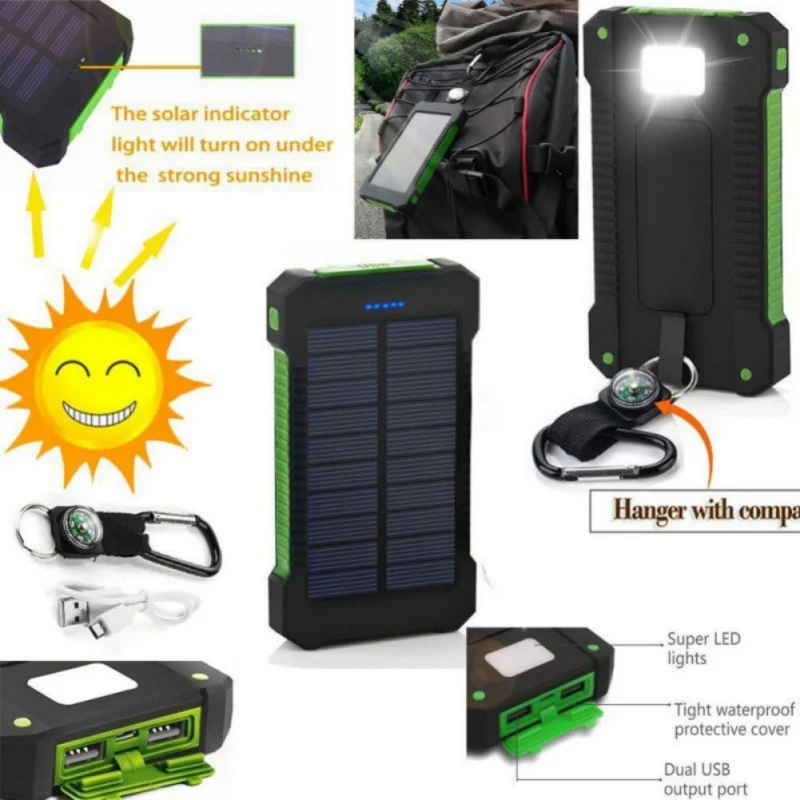 

50000mAh Dual-USB Waterproof Solar Phone Power Bank Portable LED LCD Compass Battery Charger For ios Android