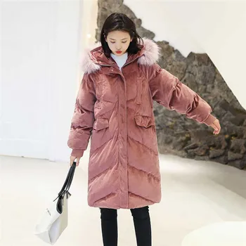 

winter Coats Women 2019 New Pink Velvet Hooded Cotton-padded Outerwear Coat Korean Faux Fur Collar Long Jacket Velour Parkas 385