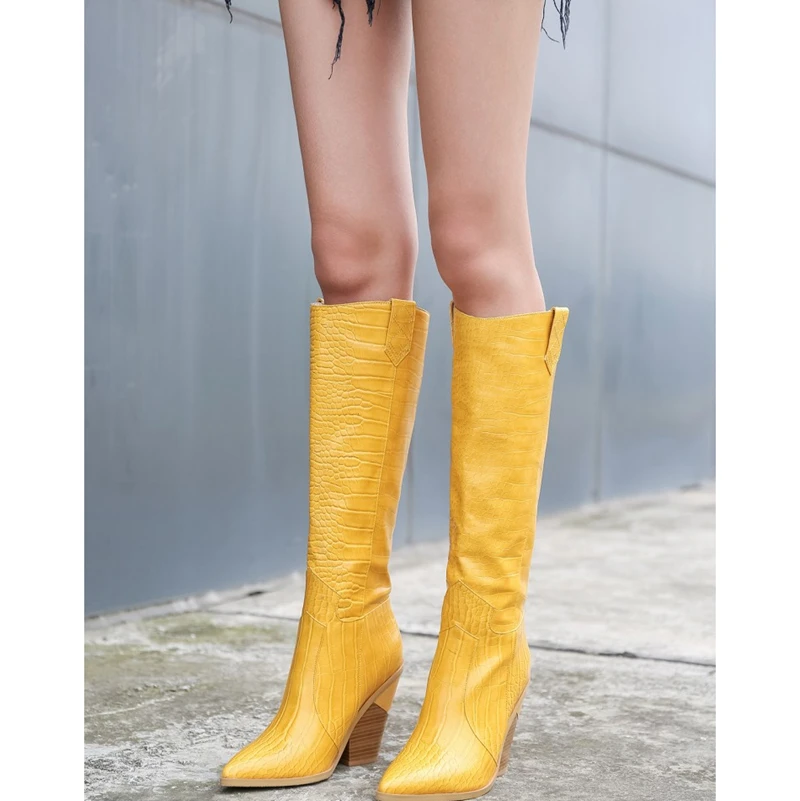 SIMLOVEYO/ г. Новые Брендовые женские сапоги до колена ковбойские сапоги в западном стиле с острым носком, на среднем квадратном каблуке, без шнуровки большой размер 15 46, Леопардовый, золотистый