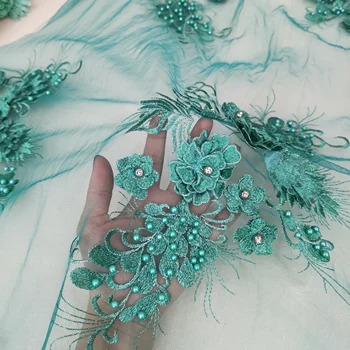 

5 Yards Romantic Purple Green Blue Embroidered Beaded Lace Fabric With 3D Flower Rhinestone For Occasion Apparel Mesh Tulle Lace