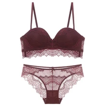 Кружевной бюстгальтер пуш-ап с чашечками 1/2, беспроводной бесшовный бюстгальтер и трусики, комплект кружевного нижнего белья со средней подкладкой, женское нижнее белье белого и черного цвета