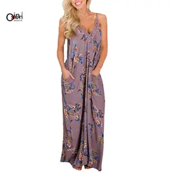 Osunlin Лето Для женщин в богемном стиле застежка, цветочный принт V воротник Холтер карман длинные пляжные макси платье