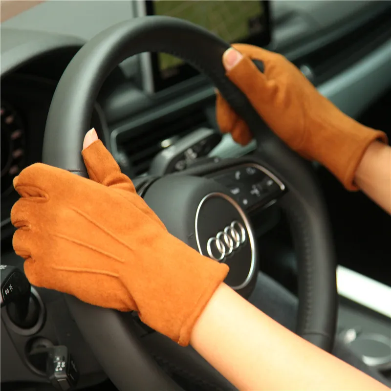 Autumn Winter New 2019 Thicken Plus Velvet Imitation Suede Unisex Man Woman Gloves Exposing Two Fingers Driving Mittens SZ025