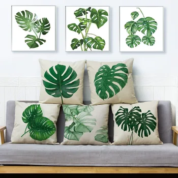 

Nordic style Plant Green Leaf Cushion Cover for Sofa Home Decor Tropical leaves Throw Pillowcase Print Pillow Case Linen 45*45cm