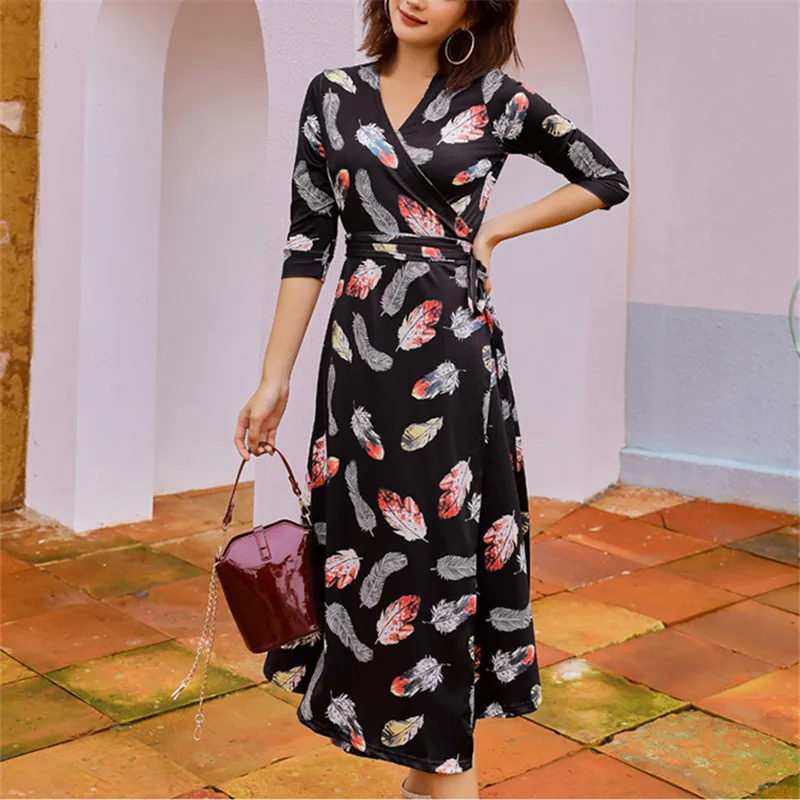 

Feather Print Soft V-Neck Beach Korea High Waist Slim Vestido Woman New Dress Fall Fashion Elegant Party 2019 Mujer Women Party