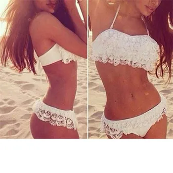 

Summer Women Bikini Set Halter Lace Sexy Beach Swimsuit White Black Swimwear Monokini New Arrial