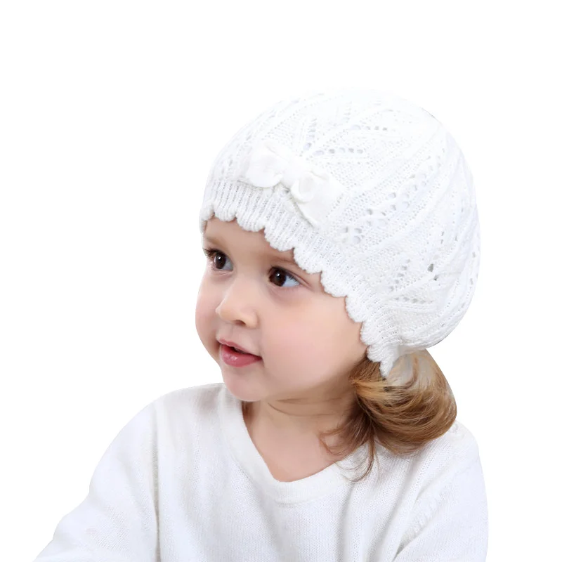 Knitted White Baby Beret Hat For Girls Bow Pricess Baby Beanie Double Layer Autumn Winter Girls