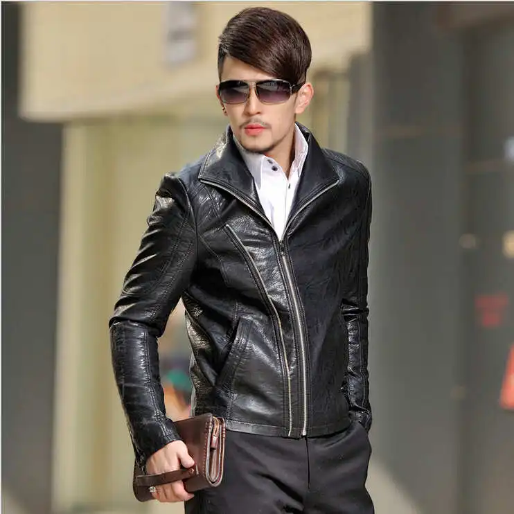 WNSY Men Slim Fit Solid Lapel Faux Leather Trench Coat Belt Jaclet