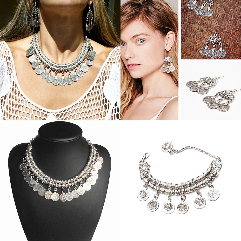 

Bestessy Brand Gypsy Fashion collar Necklace Earrings Bracelet Set Vintage ethnic boho Statement maxi Necklace women Jewelry