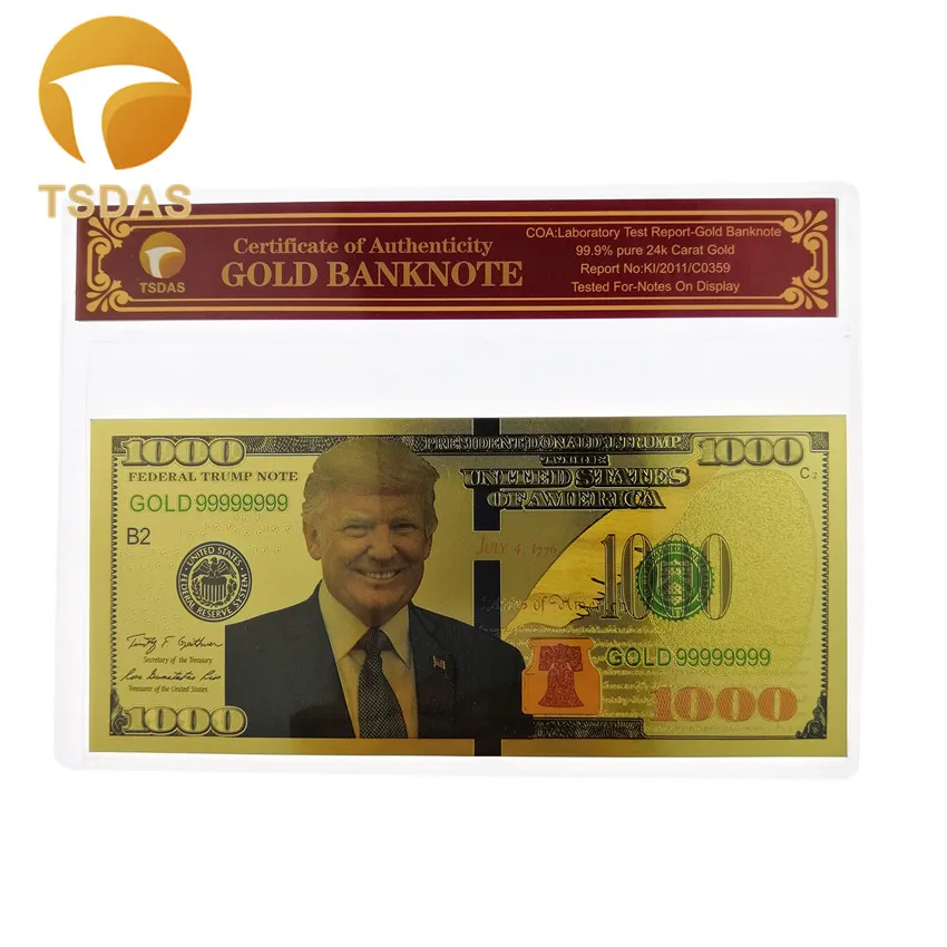 

United States President Donald Trump 24k Gold Banknote USD 1000 with COA Frame Business Collection Gift