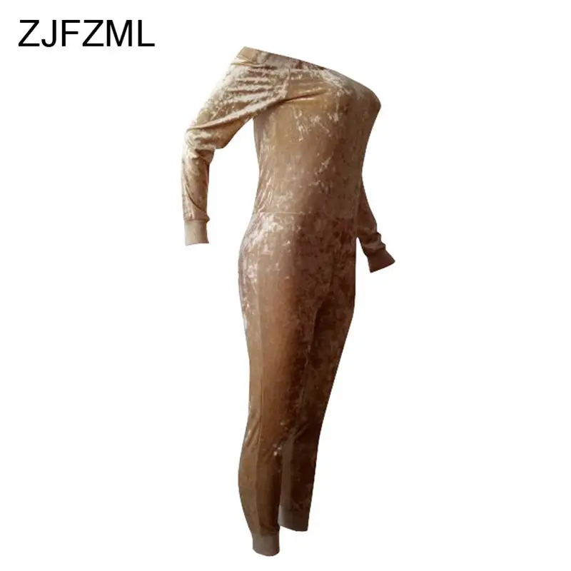 ZJFZML Good Quality Off Shoulder Velvet Jumpsuit Women Sexy Slash Neck Full Sleeve Bodycon Overalls Winter Thick Rompers 