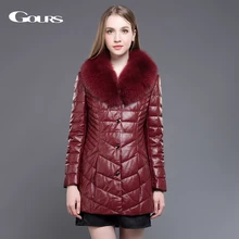Женский кожаная куртка Gours, зимняя красное вино куртка из натуральной овечьей кожи, с подкладкой из утка вниз и мех лисы воротником