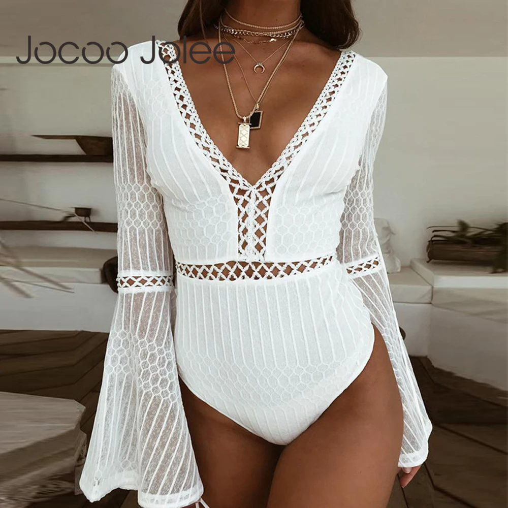 2018 Women Lace Bodysuit Sexy Deep V-Neck Flare Sleeve Playsuit Romper Ladies Backless Long Sleeve Hollow Out Body Suit Overalls 2018 Women Lace Bodysuit Sexy Deep V-Neck Flare Sleeve Playsuit Romper Ladies Backless Long Sleeve Hollow Out Body Suit Overalls