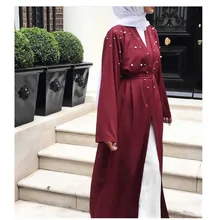 Мусульманские платья с жемчугом Дубай абайя кимоно кардиган размера плюс халат повседневное Кафтан Макси платье Мягкая Длинная женская одежда# D436