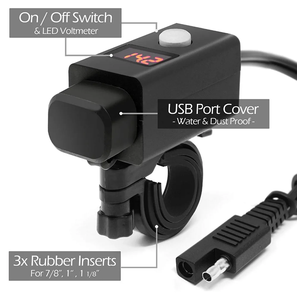 Крепление на руль мотоцикла водонепроницаемый SAE к USB зарядное устройство адаптер с цифровой светодиодный вольтметр выключатель питания для сотовых телефонов