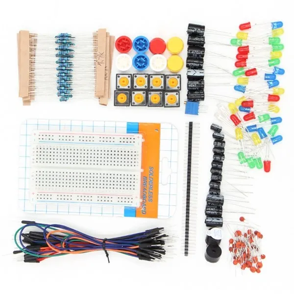 

1 Set Components starter kit 400 point breadboard+30 x jumper wires+Resistor Kit + Capacitor Kit+2xbuzzer+LEDs with Plastic Box