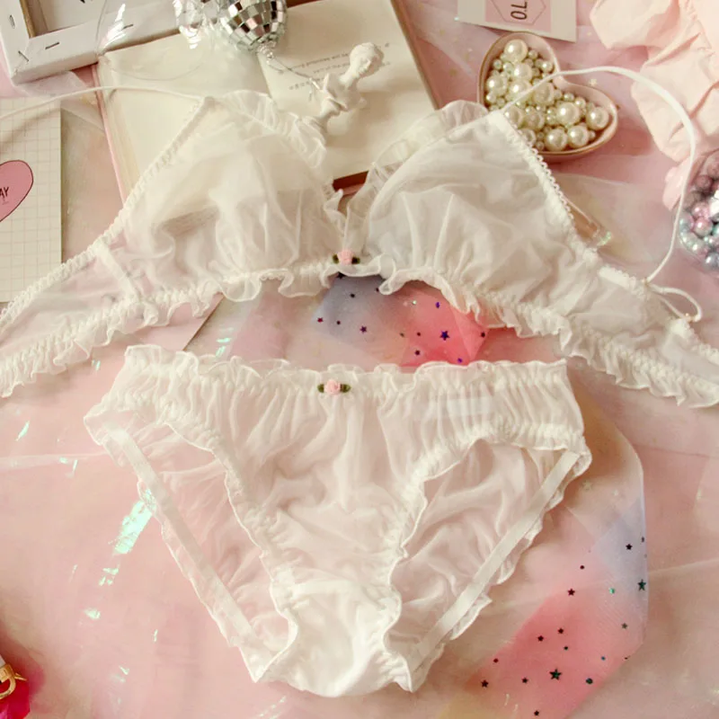 

Lolita Underwear Women cute girl sexy lingerie no steel ring thin mesh transparent underwear bra lace triangle cup bra set