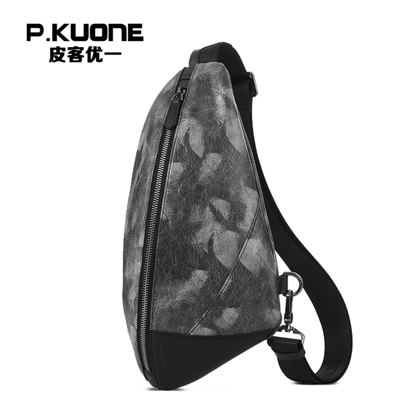 

P.KUONE Men Leather Chest Pack Brand Designer High Quality Shoulder Bag Male Chest Bag Travel Messenger Bag Cell Phone Pocket