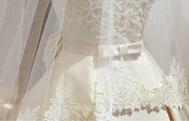Waulizane блестящее атласное с вырезом «лодочкой» A-Line свадебное платье Бисероплетение Жемчуг Аппликации Кружева с плеча с бантом свадебное платье с поясом