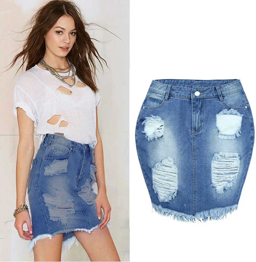 Модные Комплект одежды на осень для Для женщин джинсовая юбка джинсы Высокая Талия рваные Винтаж узкие короткая юбка карандаш Faldas Largas Verano