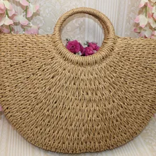 Новинка, летние сумки ручной работы, Женская пляжная Плетеная соломенная сумка с помпоном, пляжная сумка, сумка в форме Луны