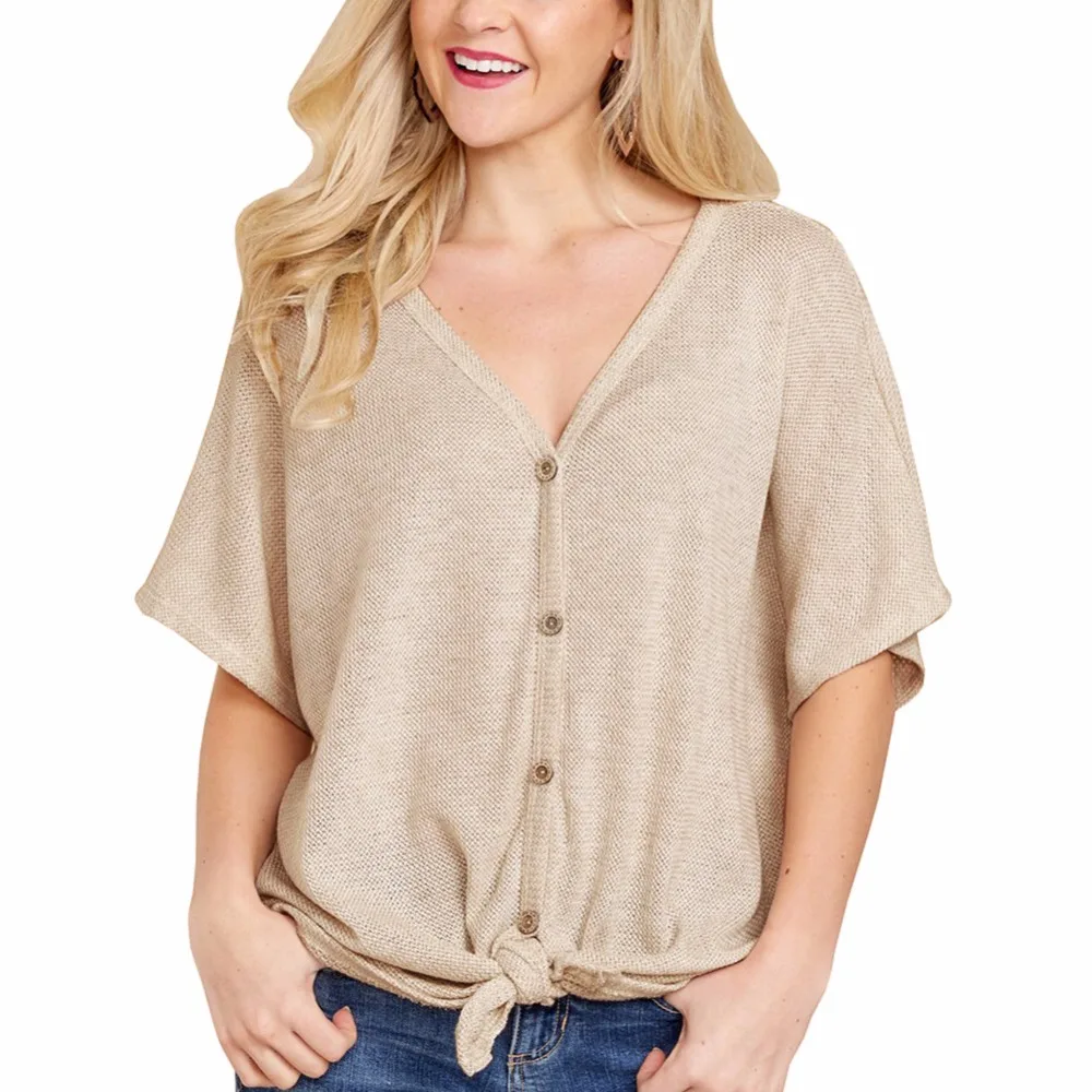 Hot Sale European and American Style Solid Color Short Sleeve Shirts Blouse Cotton Blend 2018 V Neck Cardigan Style Blouse Women (3)