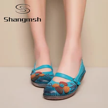 Flower Print Flat Shoe Loafers Female Solid Comfortable Chinese Casual Shoes Soft Handmade Peas Women Genuine Leather Flats Shoe