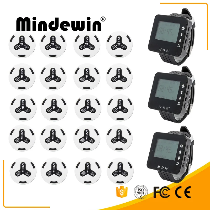 Mindewin передатчик вызова ButtonM-K-3 и Смарт часы M-W-1Receiver ресторан пейджер Беспроводная система вызова питание оборудование - Цвет: White Black