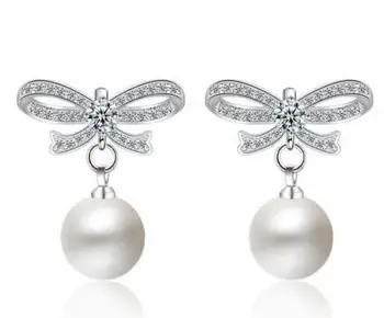 

free shipping >>>>noble jewelry Charm Solid 925 Sterling Silver SouthSea 10-11mm Pearl Dangle Shiny Zircon Earrings