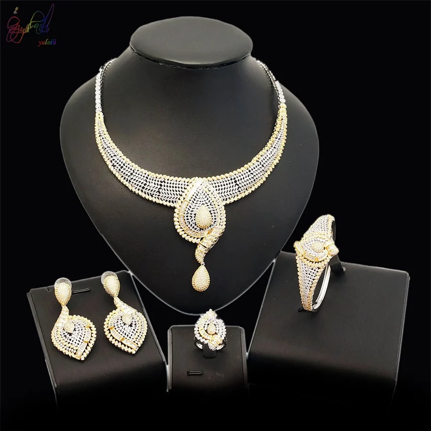 

Yulaili New Trend High Quality American Anniversary Set, natural zircon Necklace Bracelet Earrings Ring Jewelry Set.