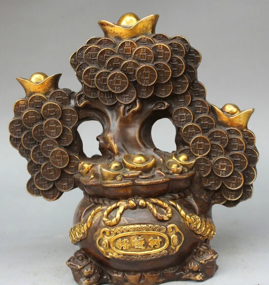 

xd 003425 8" China Bronze Gild Tree Money Bag Golden Toad Spittor Yuan Bao Wealth Statue