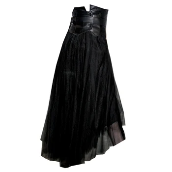 

[EWQ] 2020 Spring Autumn Fashion Long New Style Black Patchwork PU And Mesh High Waist Streetwear Skirt Women AC79801