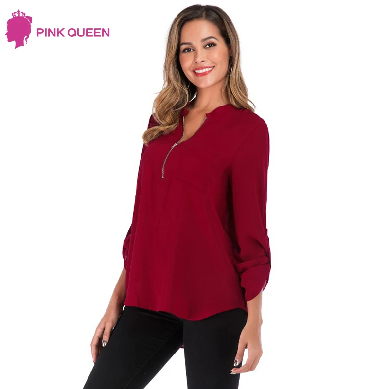 

Casual Solid Zipper Shirt Women Loose Plus Size 5XL Long Sleeve Chiffon Blusas Tops Women Sexy V Neck Autumn Pocket Blouse 2019