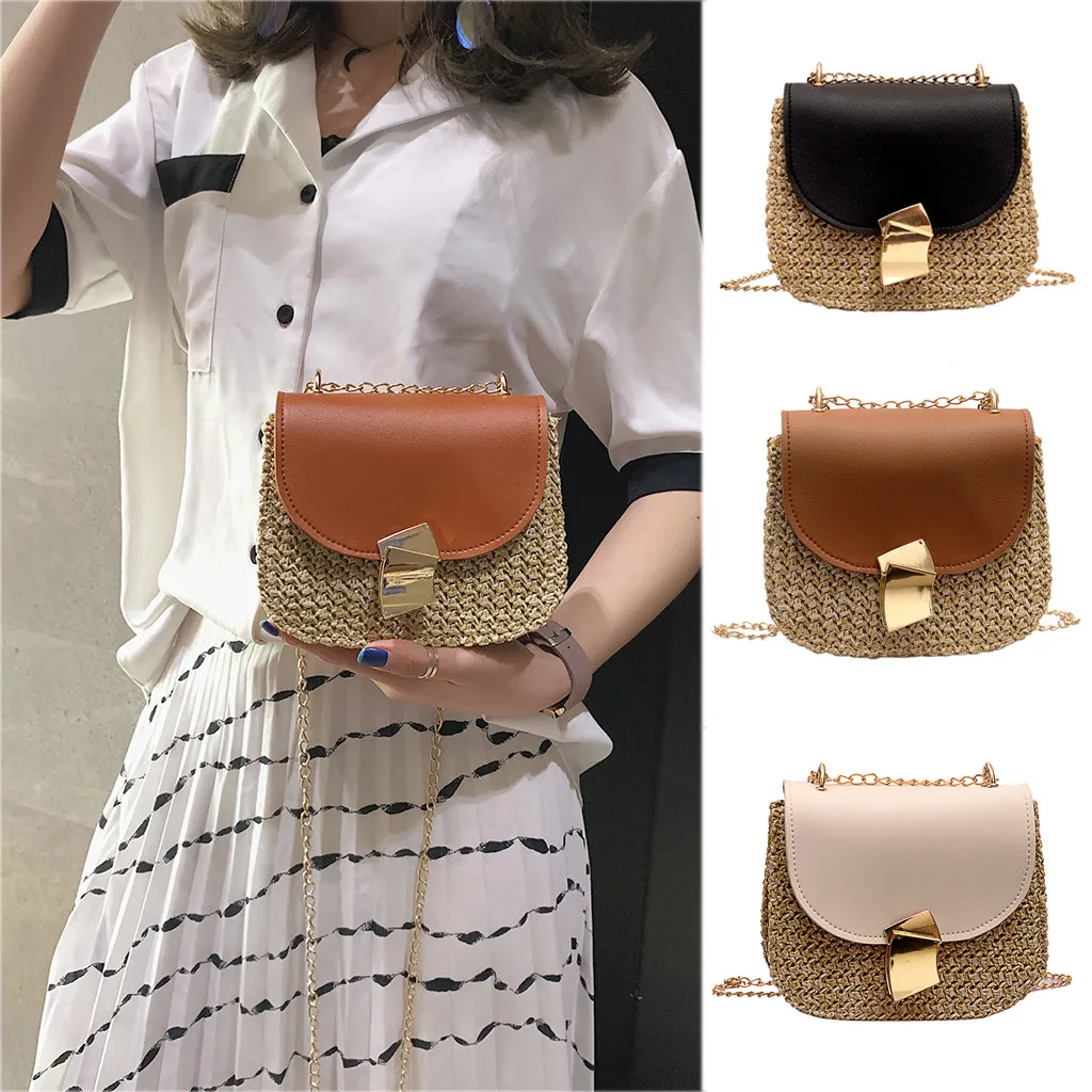 

Straw Shoulder Bag Small Flap Crossbody sac for Women woven bag female retro beach Bolsos Rattan bag chain wicker Bolsa Feminina