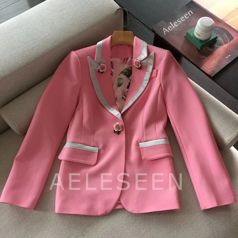 

AELESEEN High quality New Designer Runway Jacket Luxury Fall 2018 Fashion Outer wear Lining print Rose beaded Pink Blazers Women