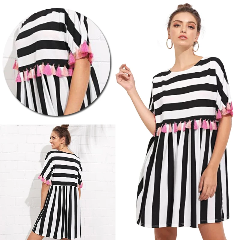Summer Women Tassel Dress Round Neck Short Sleeved Color Loose Tassel