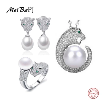 

MeiBaPJ 925 Sterling Silver 3 Items Pearl Leopard Necklace Earrings Bracelet Ring Natural Pearl Jewelry Set For Women TZ-087Y