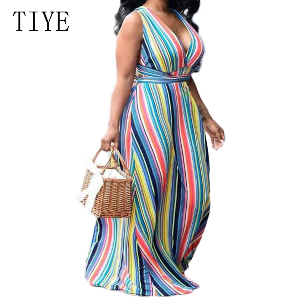 

TIYE Casual Rainbow Striped Maxi Dress Summer Sexy Deep V-neck Bandage Vintage Print Floor-length Dress Female Party Club Robe