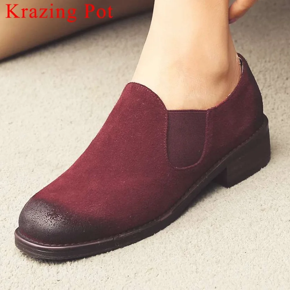

Krazing Pot comfortable genuine leather low chunky heels slip on retro vintage british school square toe woman shallow pumps L01