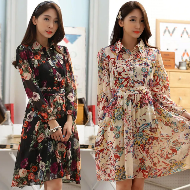 

M~3XL Plus Size Spring Autumn Women Elegant Print Lapel Button High Waist Dress Female Ladies Big Chiffon Pleat Tunic Dresses