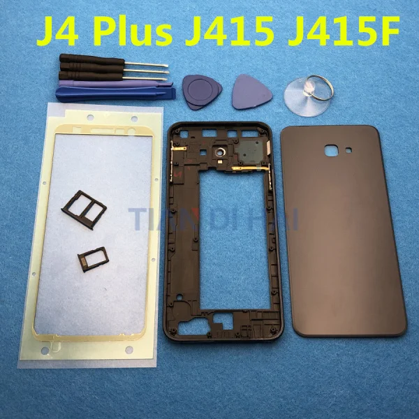 J4 Plus black Полный Корпус чехол средняя рамка панель+ крышка батареи дверь батареи для samsung Galaxy J4 Plus J4+ J415 SM-J415F+ наклейки инструменты - Цвет: J4 Plus black