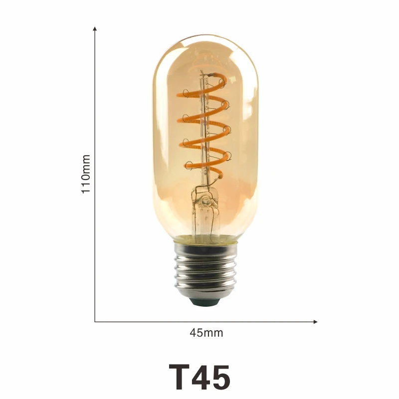 Ретро Спираль нити светодиодный лампы T45 ST64 G80 G95 G125 4 Вт E27 220V затемнения Эдисон лампы 2200K теплый желтый светодиодный светильник - Испускаемый цвет: T45