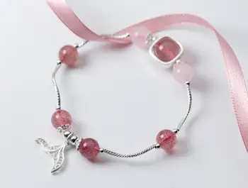 

100% real. 925 Sterling silver Fine Jewelry Natural Strawberry Quartz Stone &Mermaid fish tail cuff Bracelet GTLS564