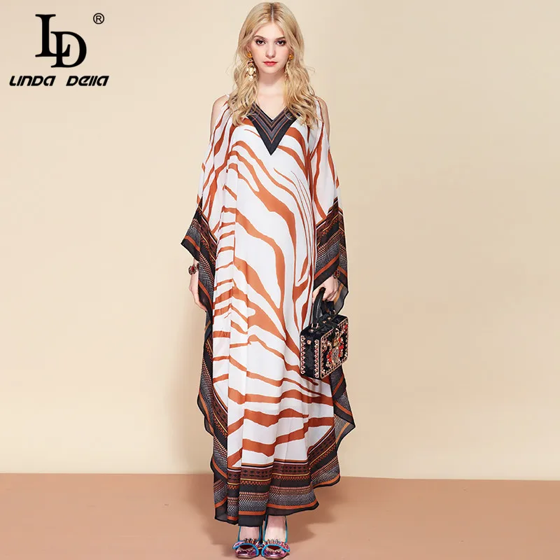 LD LINDA DELLA Fashion Runway 5XL Plus size Dress Women's V Neck Maxi Dress Batwing Sleeve Vintage striped Loose Long Dress