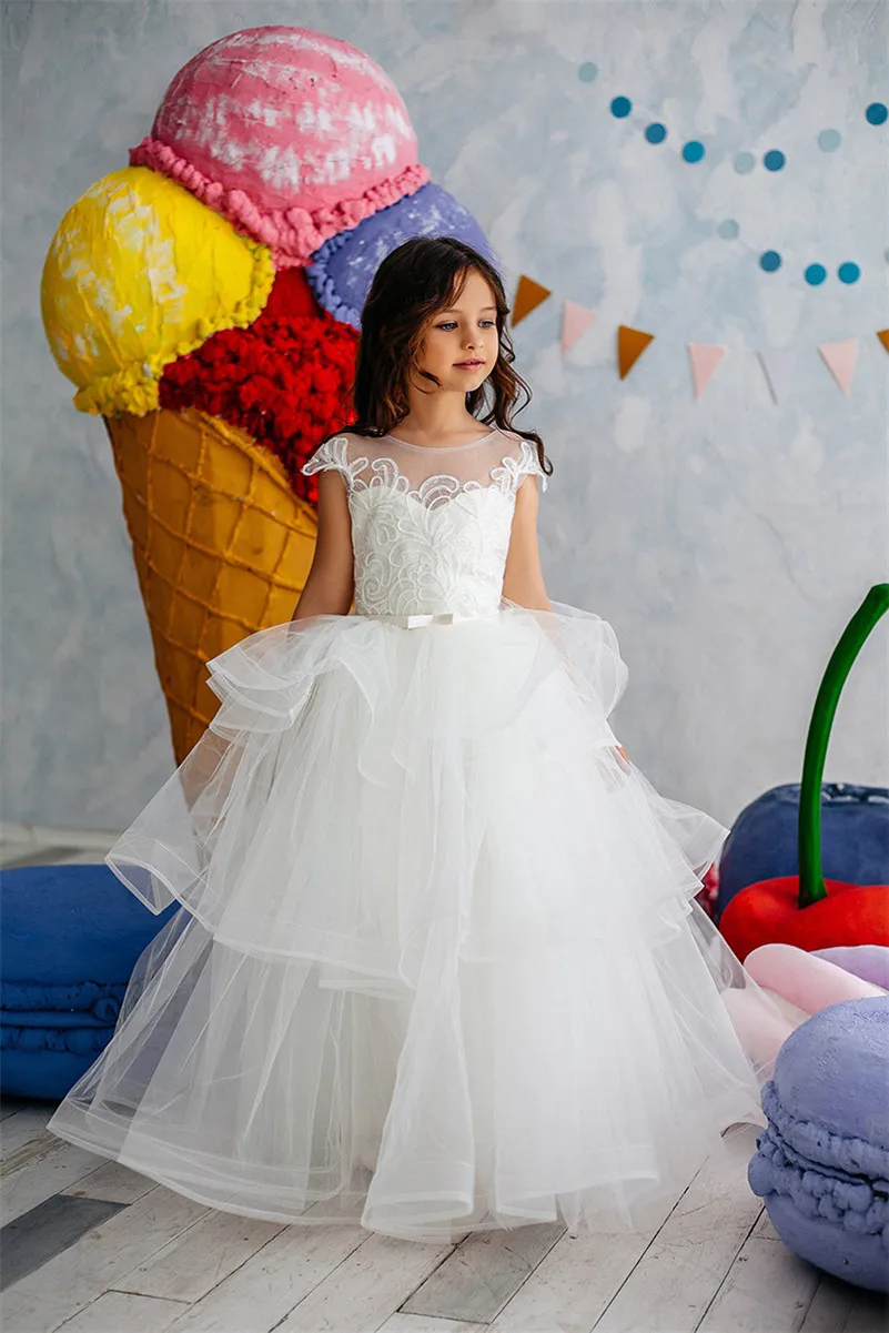 

New Lace Girl Flower Wedding Prom Gown Children Long Trained Evening Dress Little Lady Girls Events Party Wear Kid Clothing G510