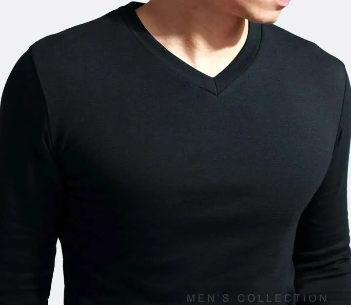 Elastic Mens T-Shirt V-Neck Long Sleeve