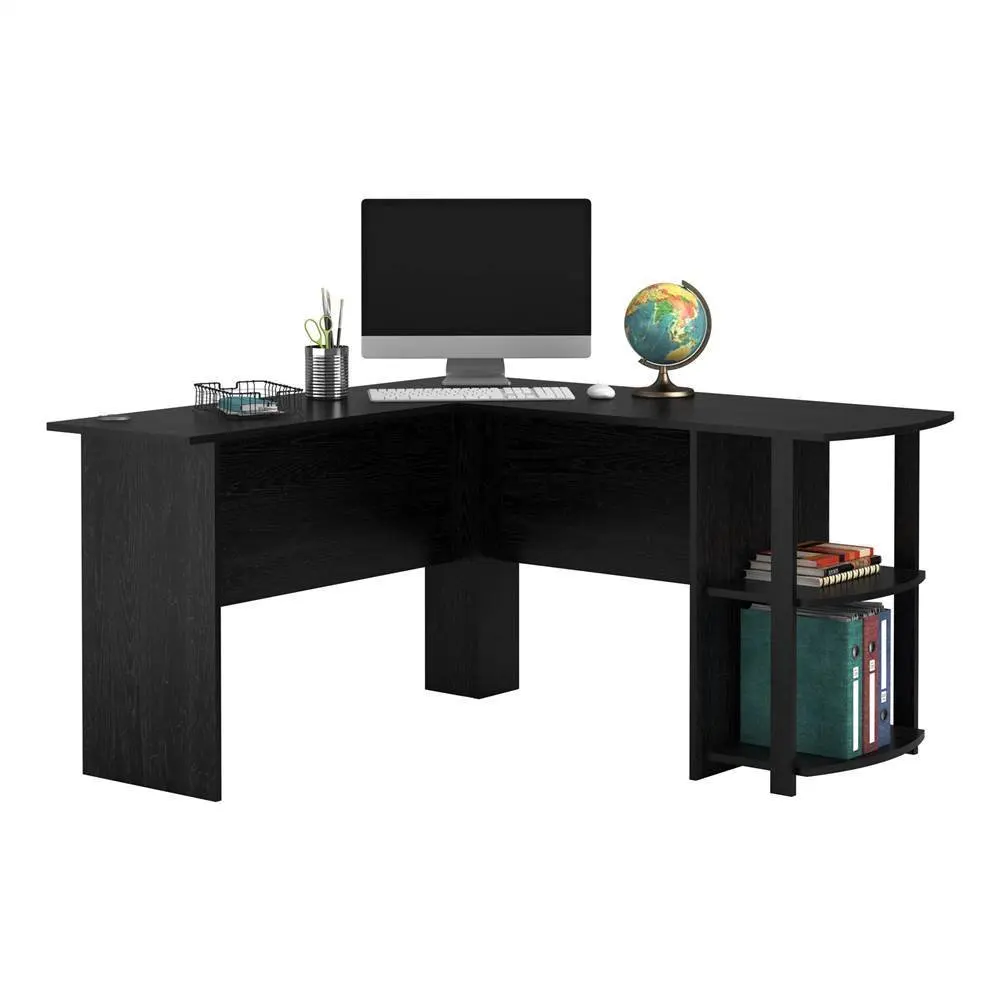 L Shaped Wooden Computer Desk With Two Layer Bookshelves Black