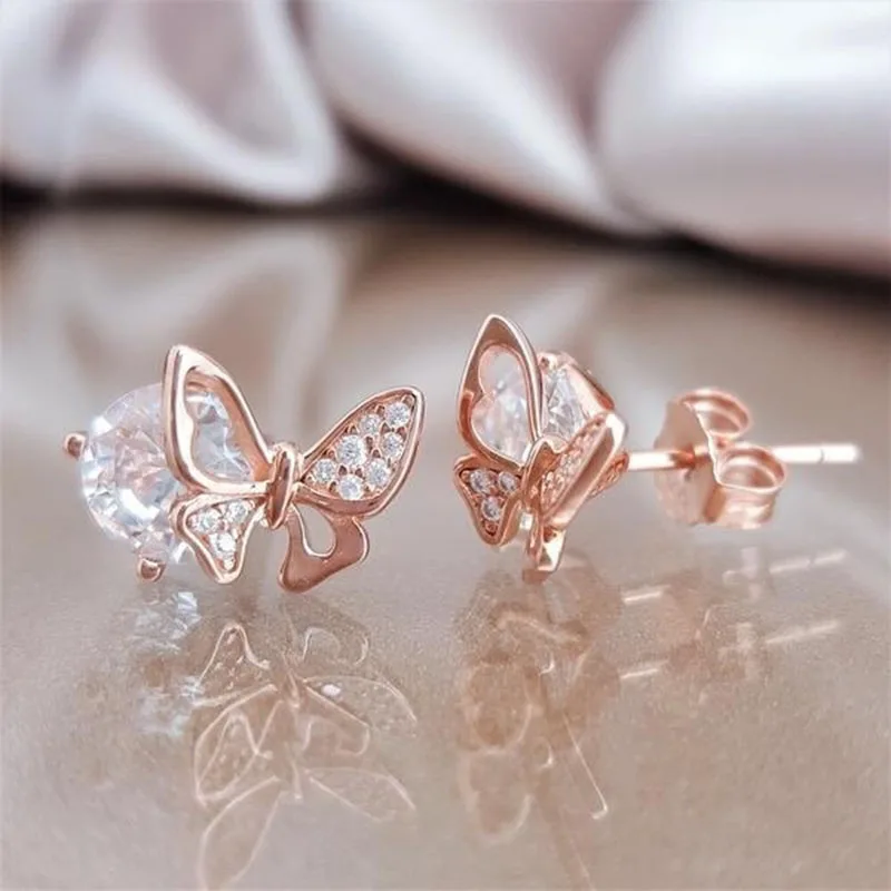 

Fantasy Cute Rose Gold Crystal Butterfly Stud Earrings For Women Girl Korean Fashion Shiny Rhinestone Engagement Jewelry Z4M311